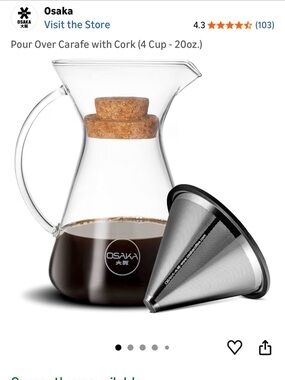 Osaka Glass Pour-Over Coffee Carafe with Stainless Steel Filter NWOT Never Used